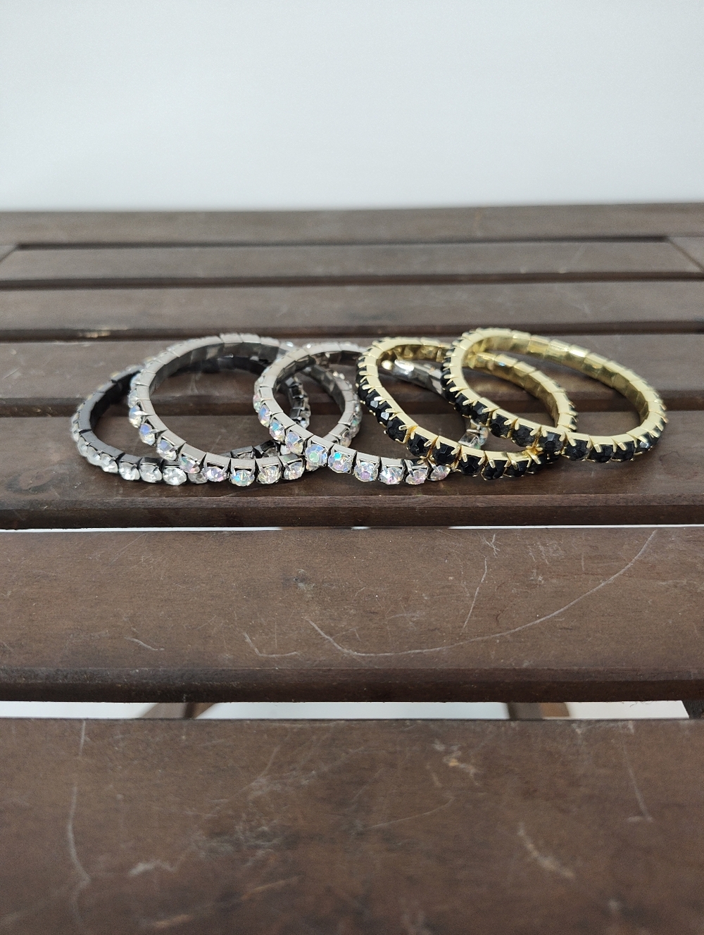 Crystal and Black Stackable Stretch Bangle Bracelet Set Of 5